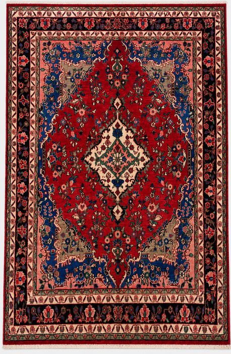 Handmade Persian Wool Area Rug 7x10 - Red, Blue & Ivory Floral Medallion Persian Style Rug - Exact Size 9'8" x 6'10" - KBHM-814