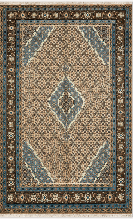 Handmade Persian Wool Area Rug 7x10 - Beige, Blue & Brown Vintage Medallion Persian Style Rug - Exact Size 9'9" x 6'4" - KBHM-757