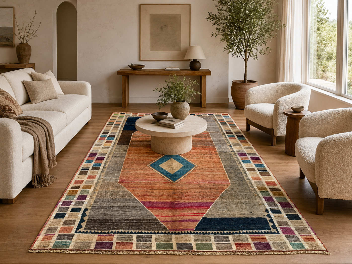 6'6" x 9'6" Handmade Persian Wool Rug styled in a room