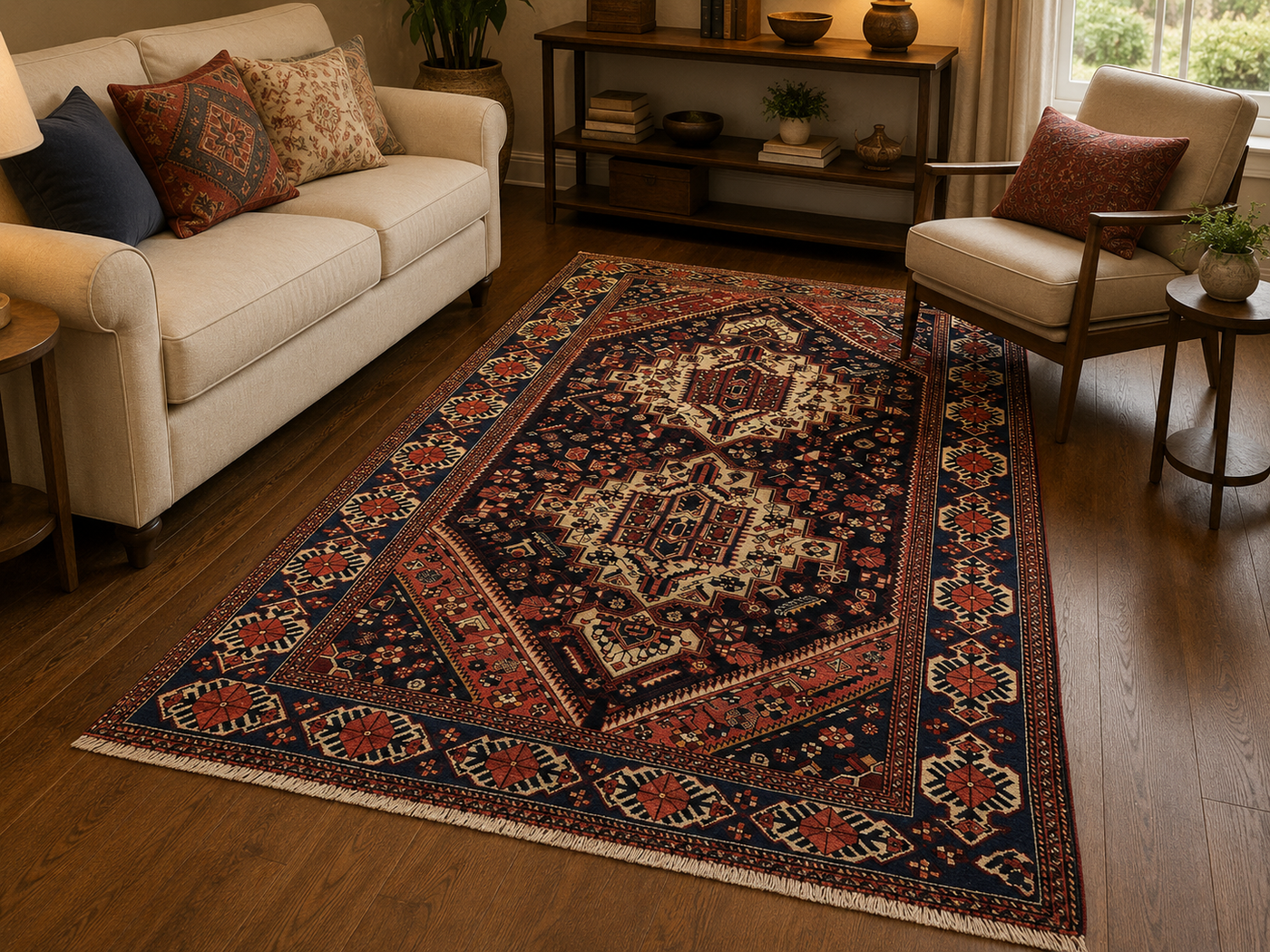 9'6" x 6'3" Handmade Persian Wool Rug styled in a room
