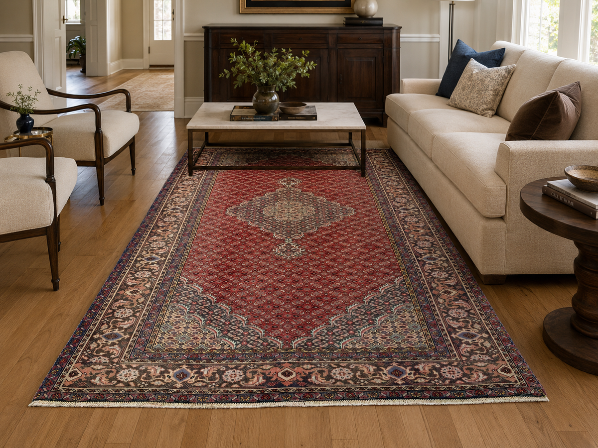 9'7" x 6'2" Handmade Persian Wool Rug styled in a room