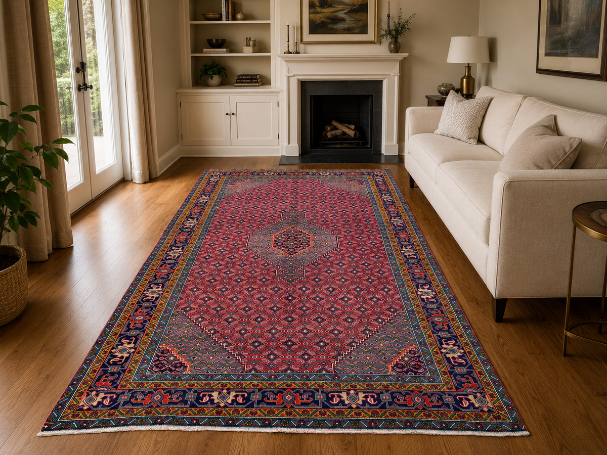 9'5" x 6'3" Handmade Persian Wool Rug styled in a room