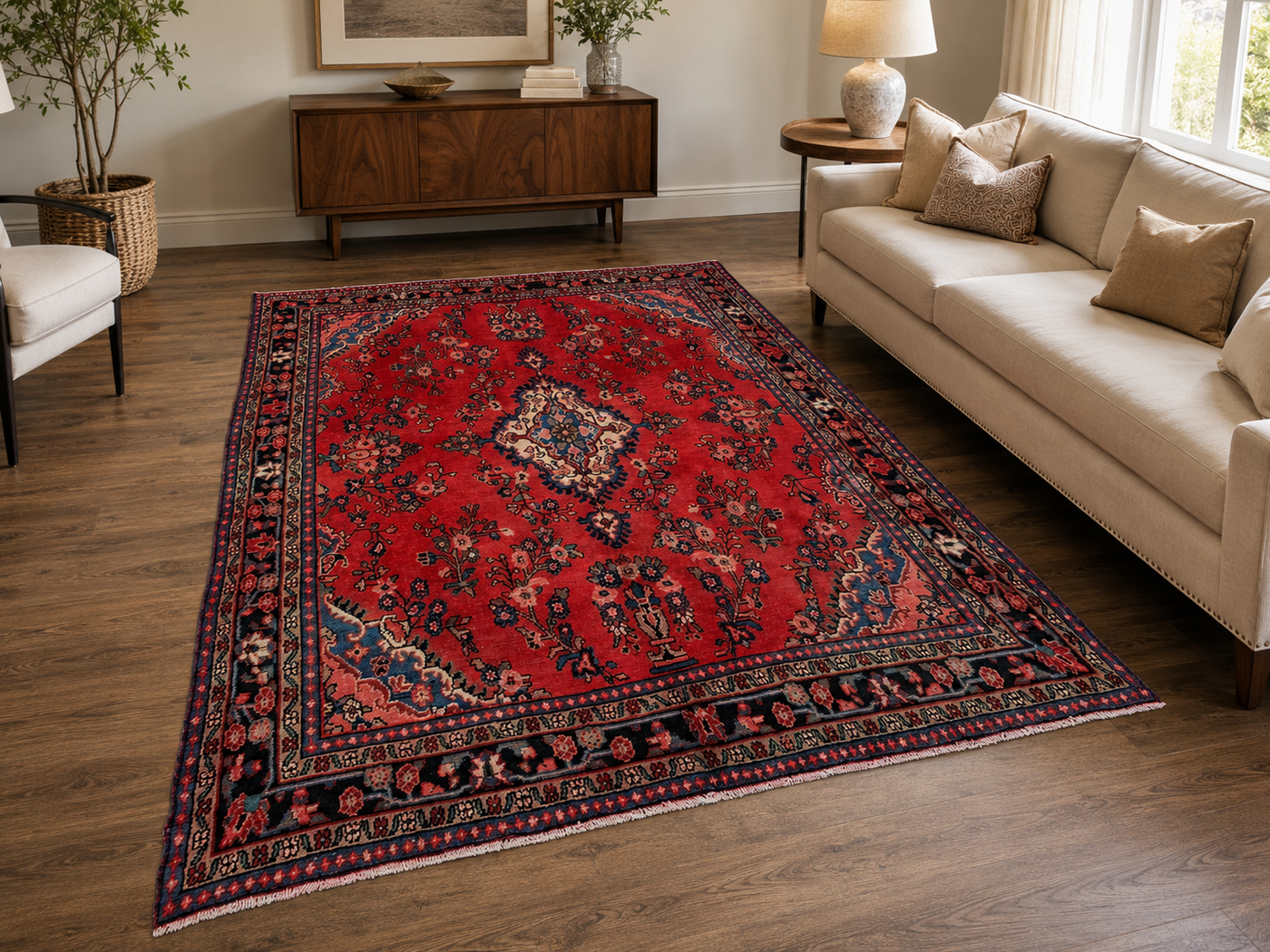 9'7" x 6'11" Handmade Persian Wool Rug styled in a room