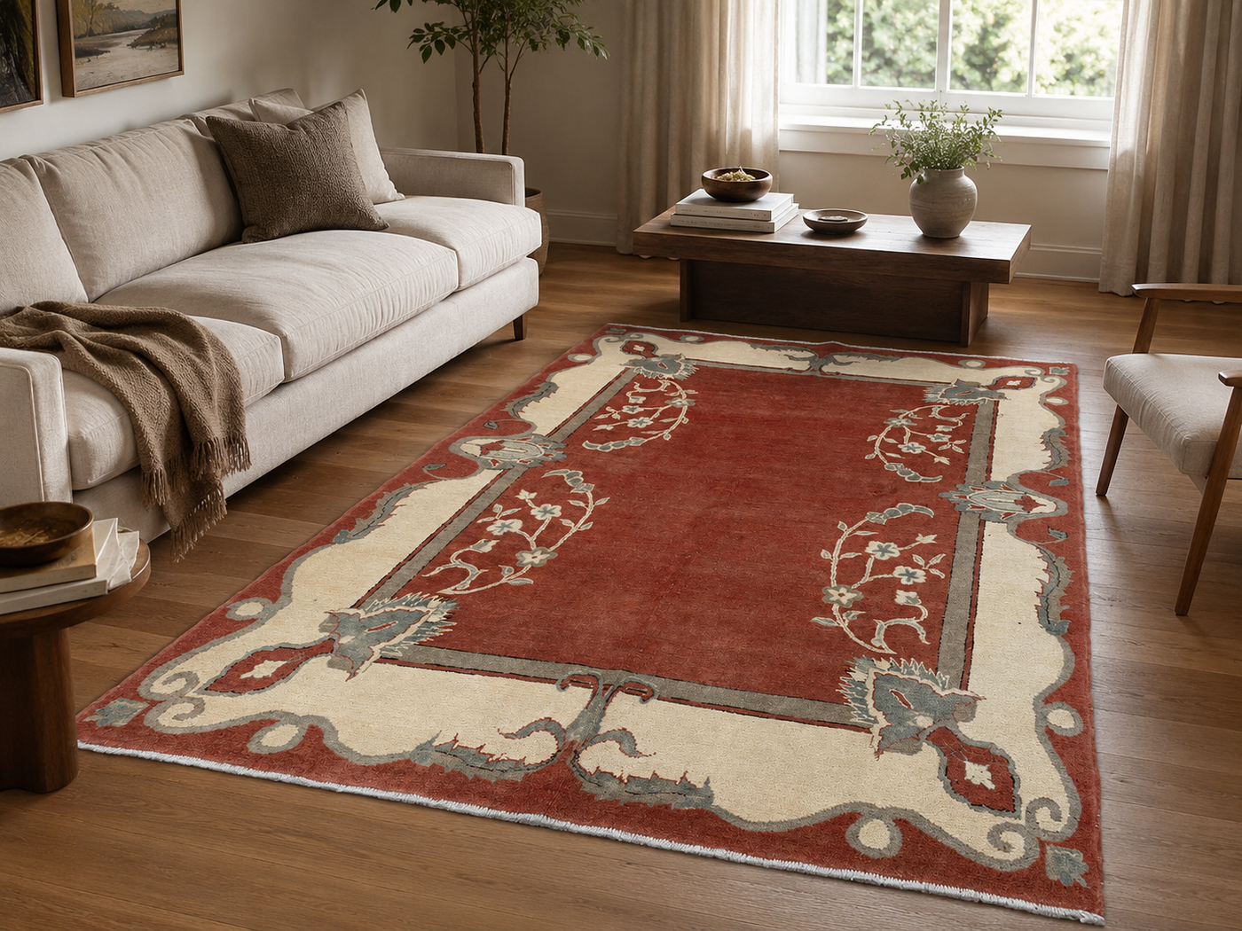 7'8" x 6'0" Handmade Persian Wool Rug styled in a room