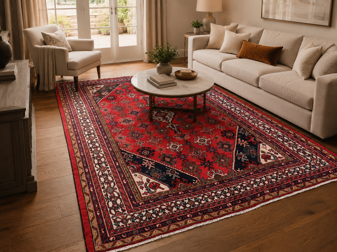 10'3" x 7'4" Handmade Persian Wool Rug styled in a room