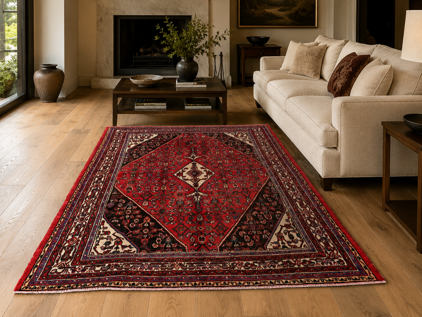 9'9 x 6'10 Hand-Knotted Persian Wool Rug in Red, Ivory & Brown Traditional Geometric Medallion Design | KBHM-1031 styled in a room
