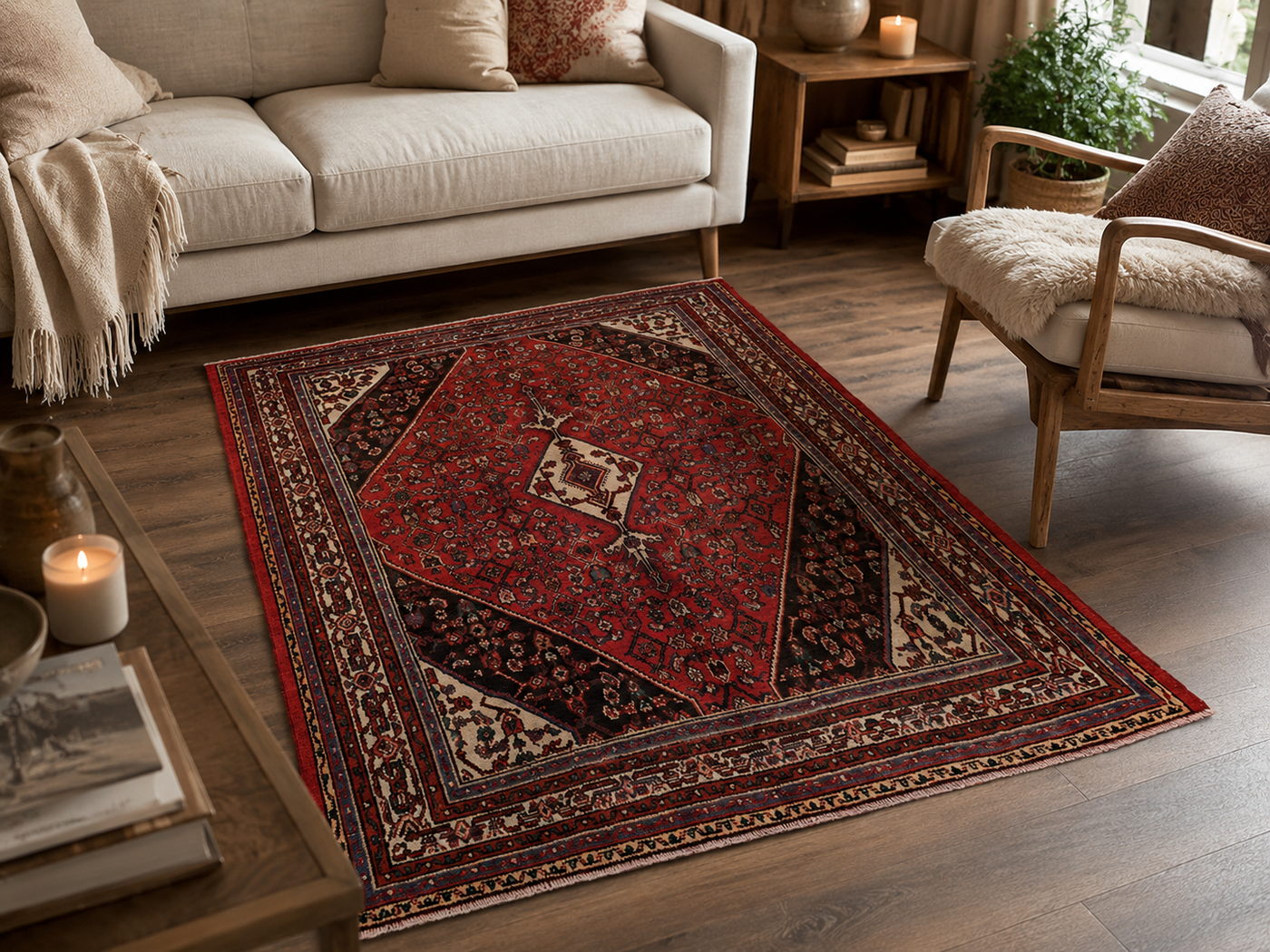 9'9 x 6'10 Hand-Knotted Persian Wool Rug in Red, Ivory & Brown Traditional Geometric Medallion Design | KBHM-1031 wool texture and pattern detail
