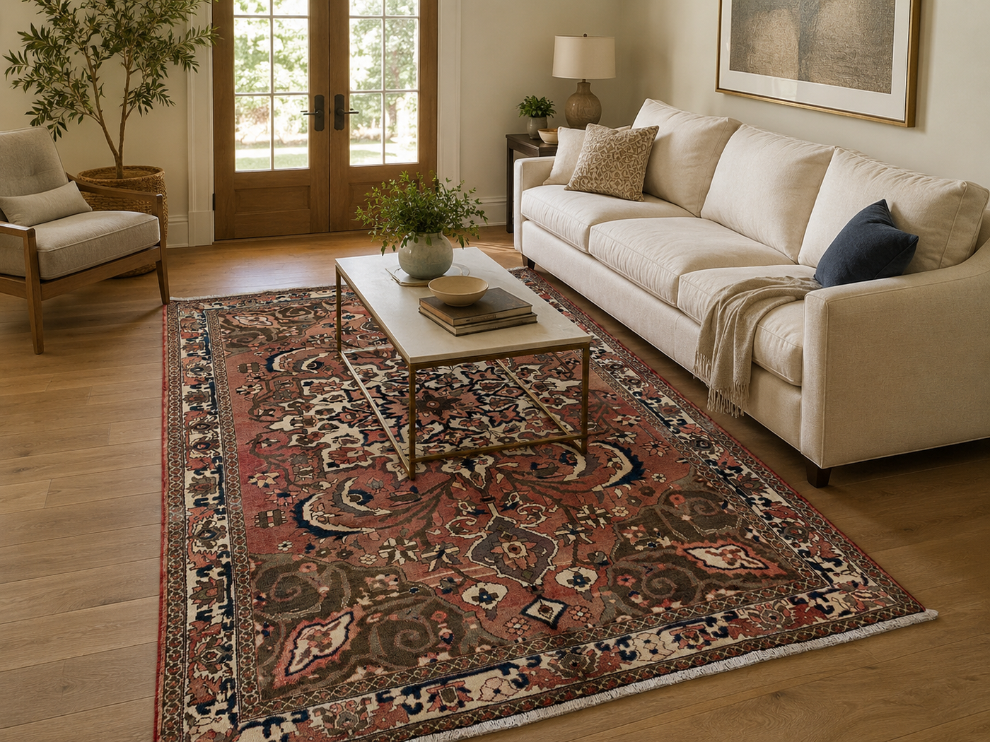 9'8" x 6'11" Handmade Persian Wool Rug styled in a room