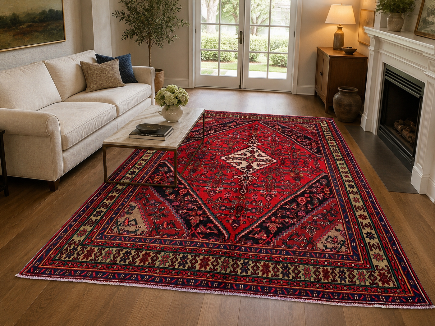 9'8" x 6'11" Handmade Persian Wool Rug styled in a room
